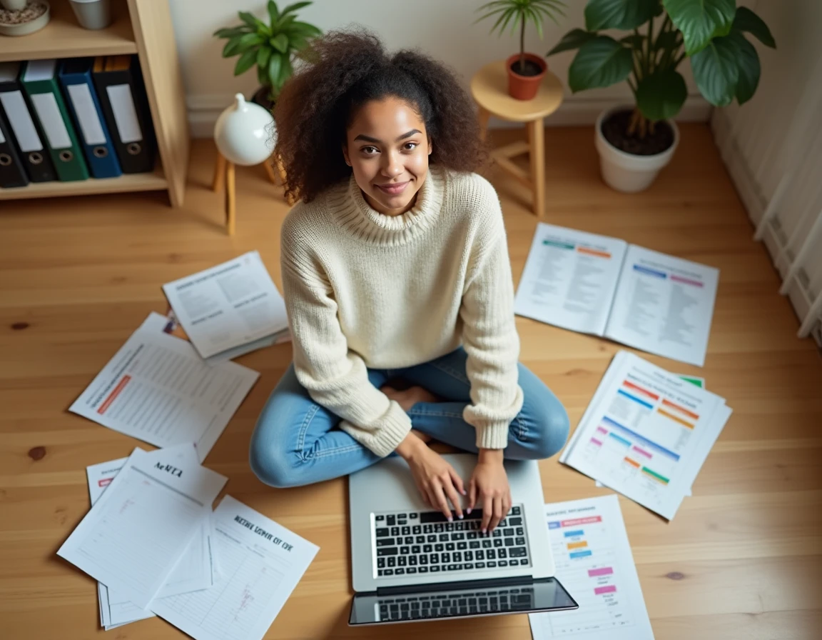 Jeune femme organisant une enquête dans Excel depuis son bureau à domicile avec des formulaires imprimés et des fiches colorées