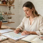 Femme planifiant son mariage à un bureau rustique avec des documents et des échantillons de tissu