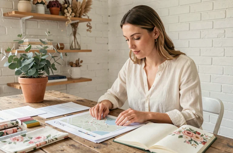 Femme planifiant son mariage à un bureau rustique avec des documents et des échantillons de tissu