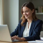 Femme en blazer marine utilisant une plateforme d'emploi en ligne sur son ordinateur portable dans un bureau à domicile moderne
