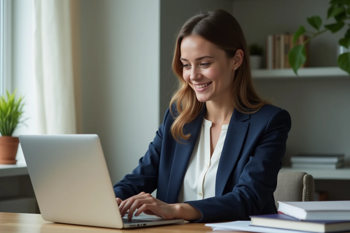 Femme en blazer marine utilisant une plateforme d'emploi en ligne sur son ordinateur portable dans un bureau à domicile moderne