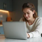 Femme en cuisine consulte une annonce immobiliere
