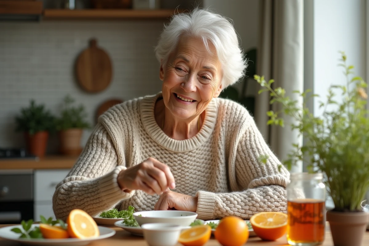 Femme âgée souriante préparant des herbes dans sa cuisine