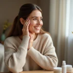 Femme souriante appliquant une creme visage avec douceur