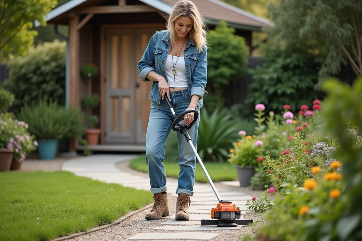 Femme utilisant un trimmer dans son jardin en été