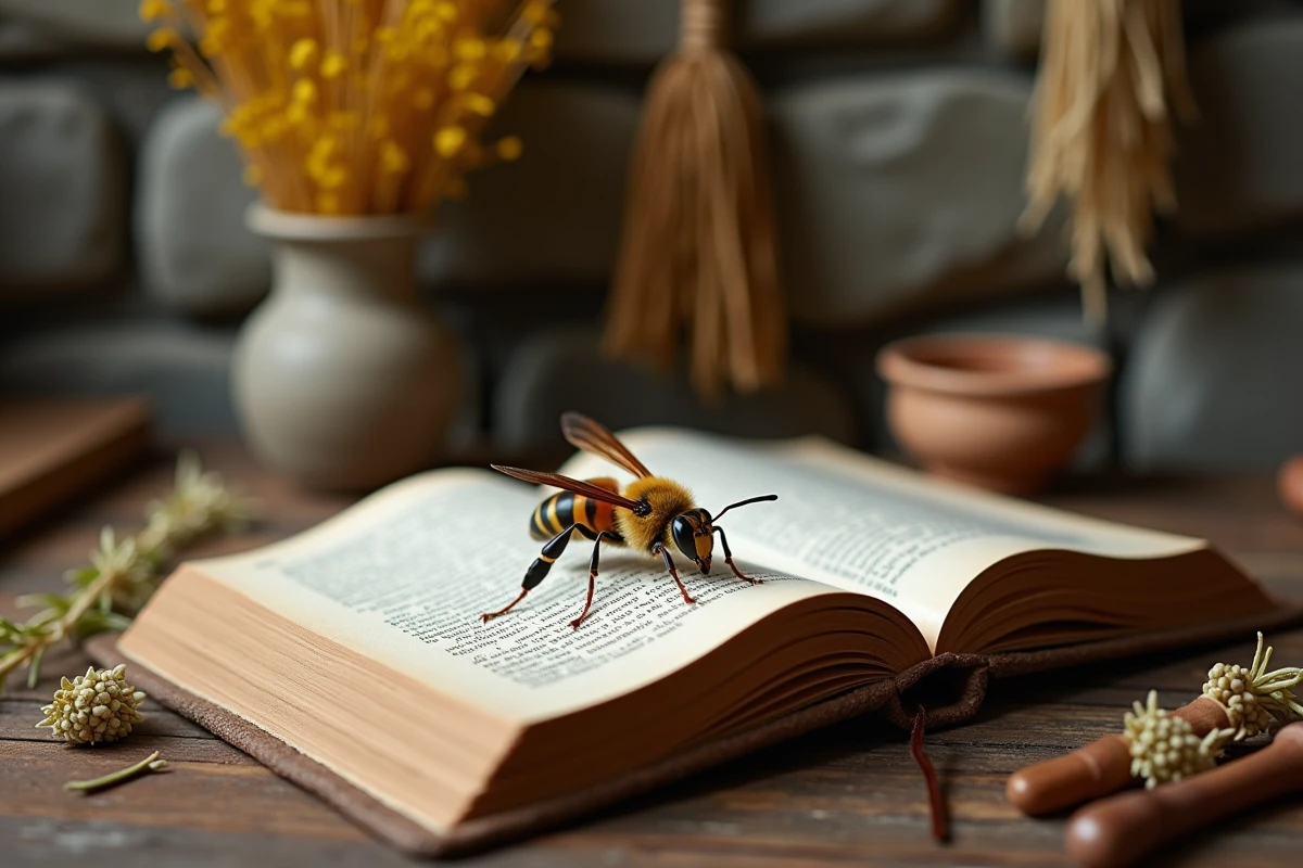 Frelon posé sur un livre ouvert entouré d'herbes séchées et d'un bol en argile, composition évoquant la symbolique spirituelle et les présages associés à l'insecte