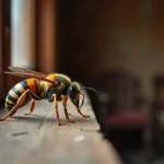 Frelon européen posé sur un rebord de fenêtre en bois à l'intérieur d'une maison rustique, symbolisant une présence spirituelle inattendue