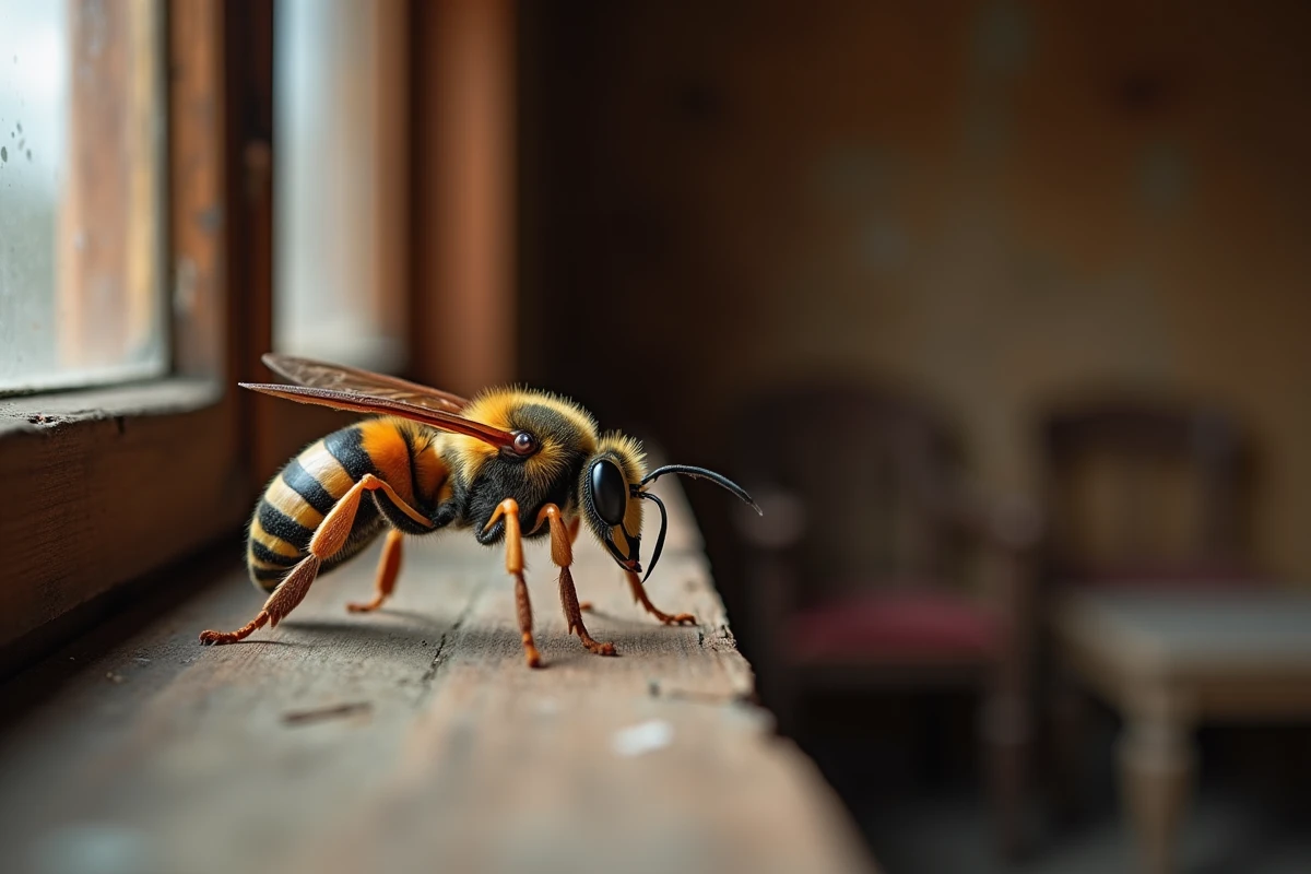 Frelon européen posé sur un rebord de fenêtre en bois à l'intérieur d'une maison rustique, symbolisant une présence spirituelle inattendue