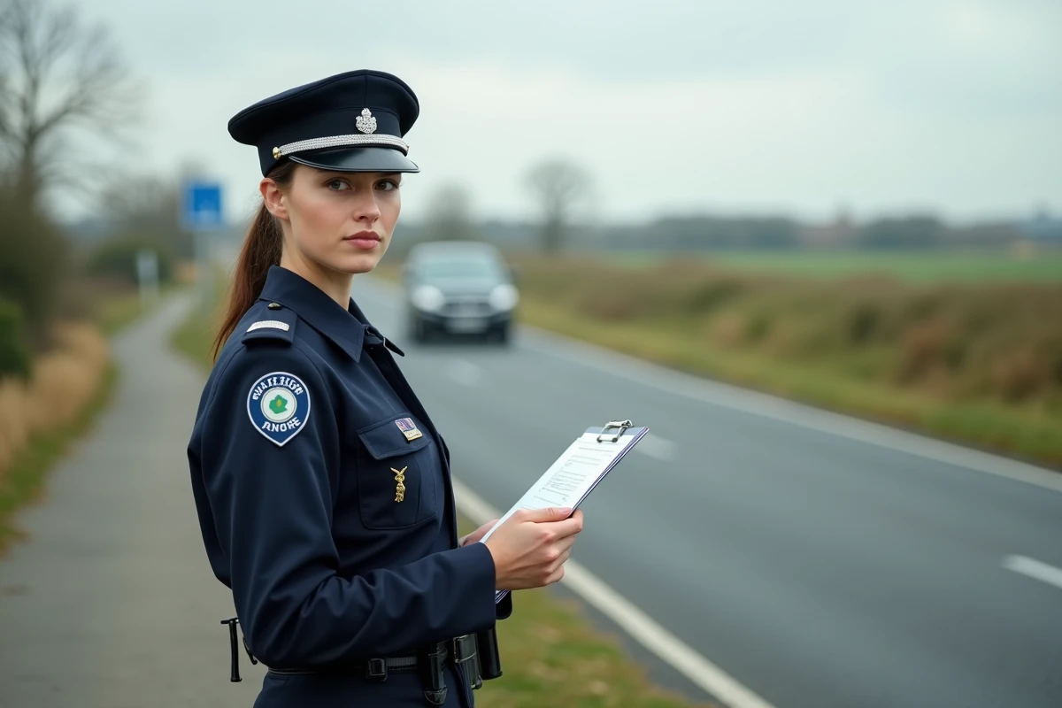 Gendarme contrôlant la vitesse avec radar sur une route