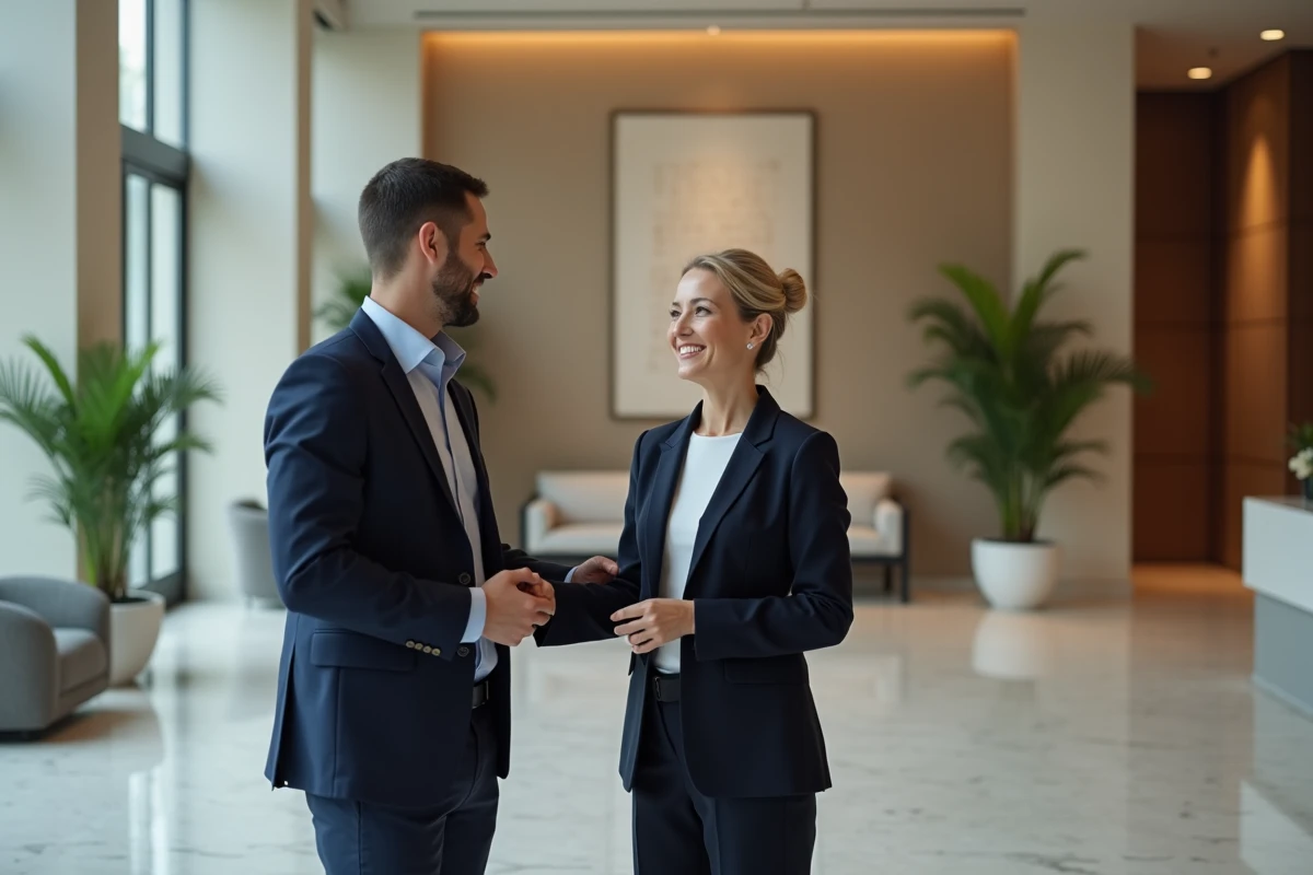 Réceptionniste d'hôtel accueillant un client dans un hall moderne et élégant, comparaison hôtel versus lodge