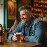 Homme d'âge moyen dégustant un apéritif français dans une brasserie