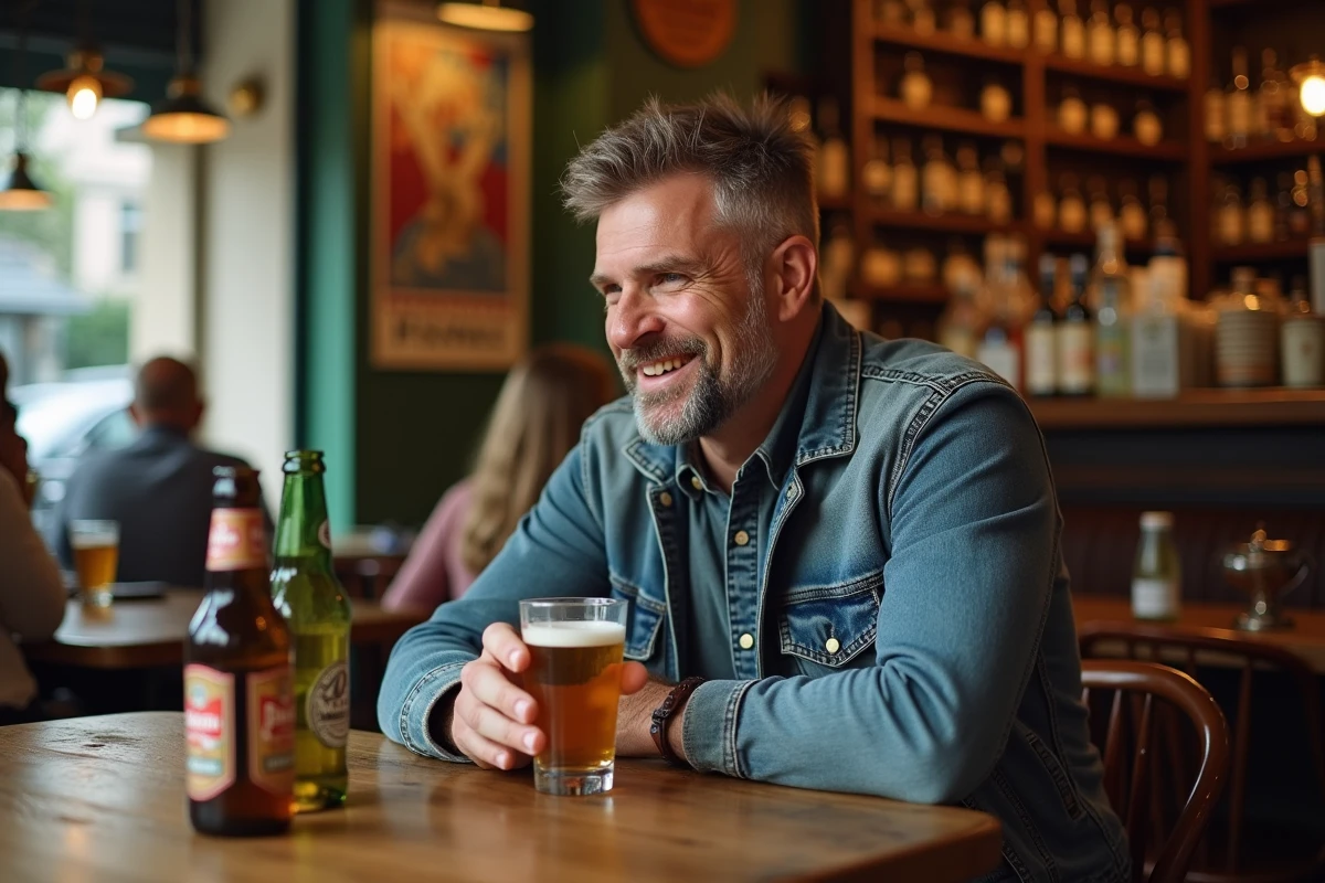 Homme d'âge moyen dégustant un apéritif français dans une brasserie