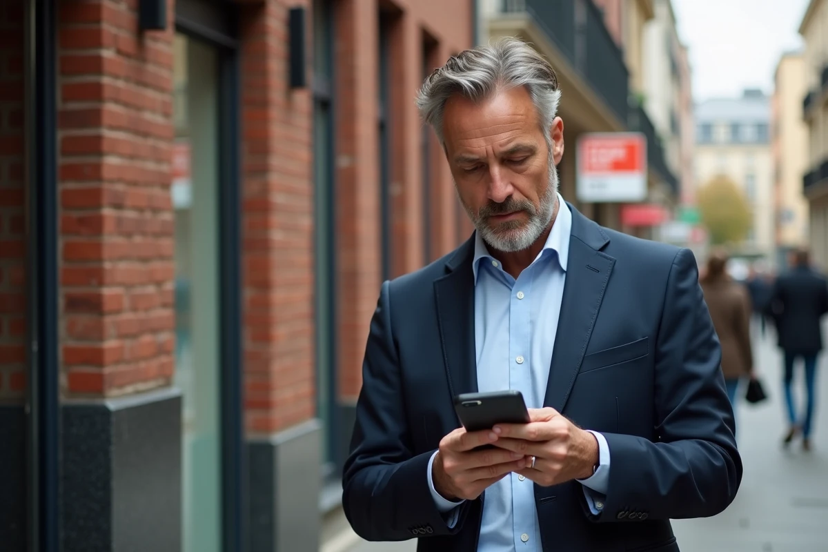 Homme d affaires regarde son smartphone devant un immeuble