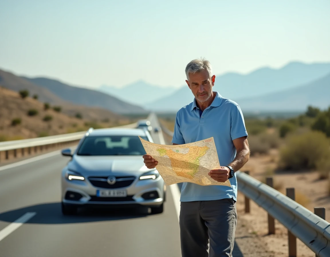 Homme consultant une carte routière papier de l'Espagne sur le bord d'une autoroute gratuite