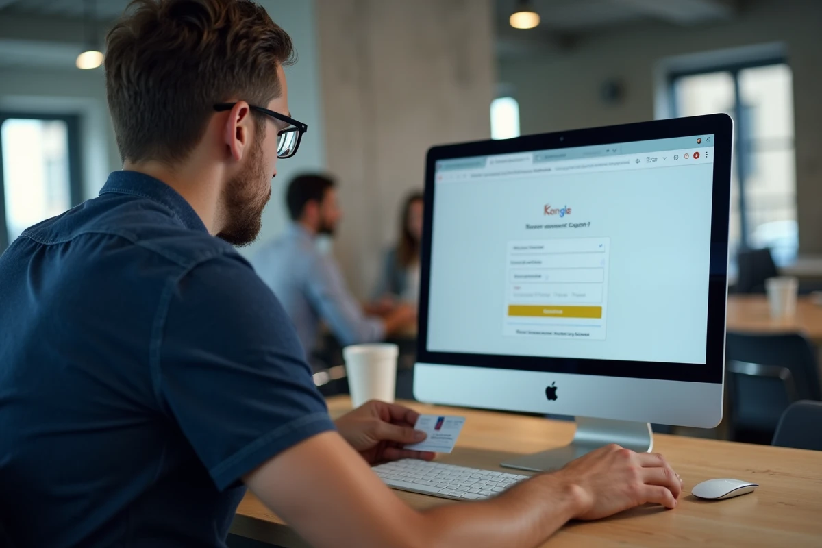 Homme effectuant la création d'un compte en ligne pour des démarches administratives dans un espace de coworking moderne