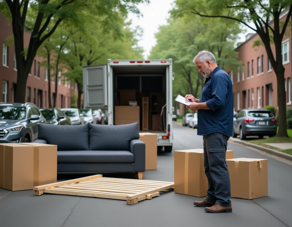 Homme vérifiant une liste de meubles et cartons devant un camion 4m3 dans une rue résidentielle