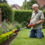 Homme d'âge moyen avec tondeuse à gazon dans le jardin