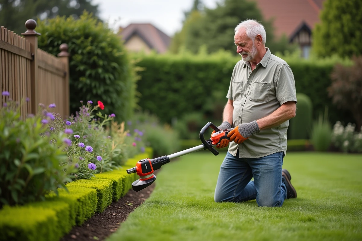 Homme d'âge moyen avec tondeuse à gazon dans le jardin