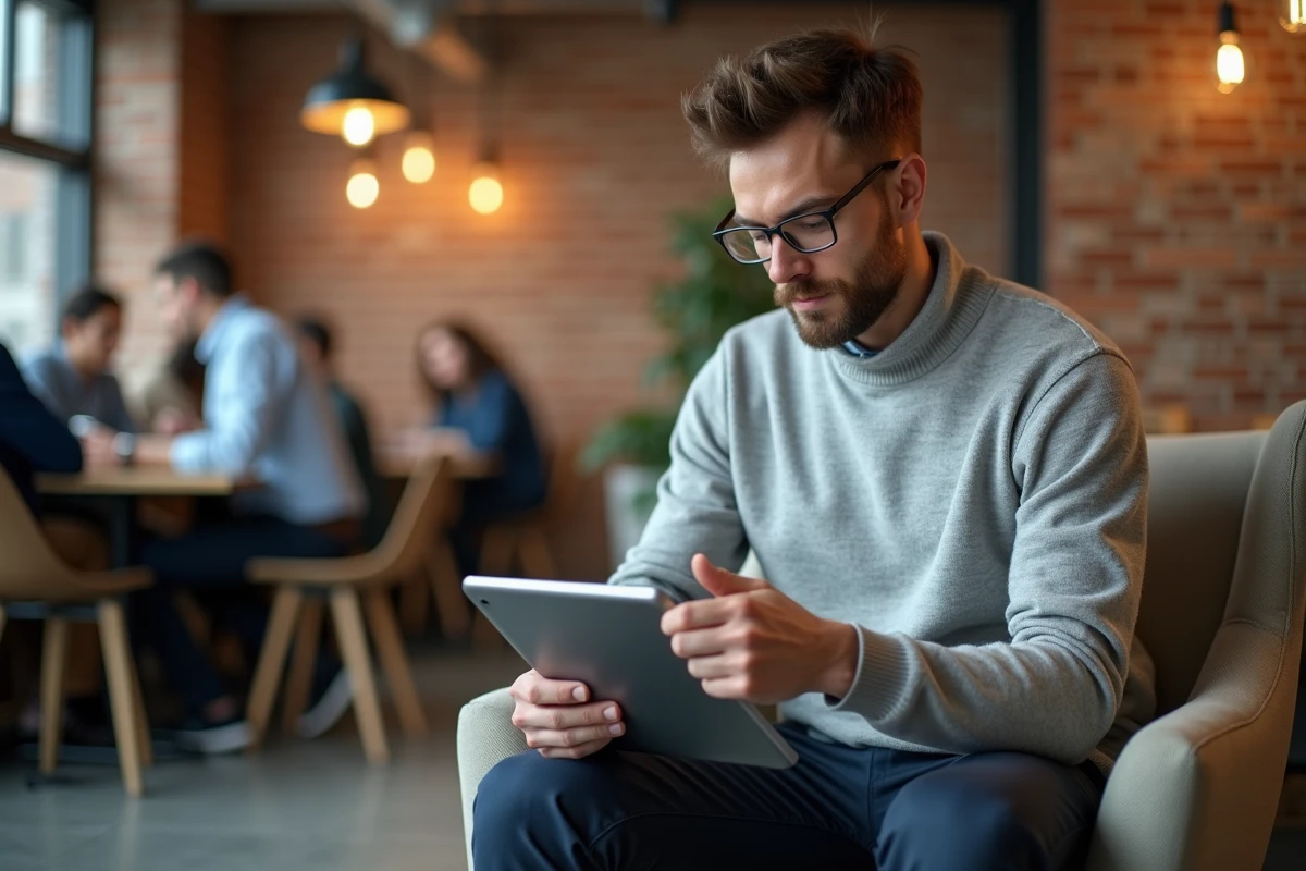 Jeune homme consultant une plateforme de recrutement sur tablette dans un espace de co-working urbain et moderne