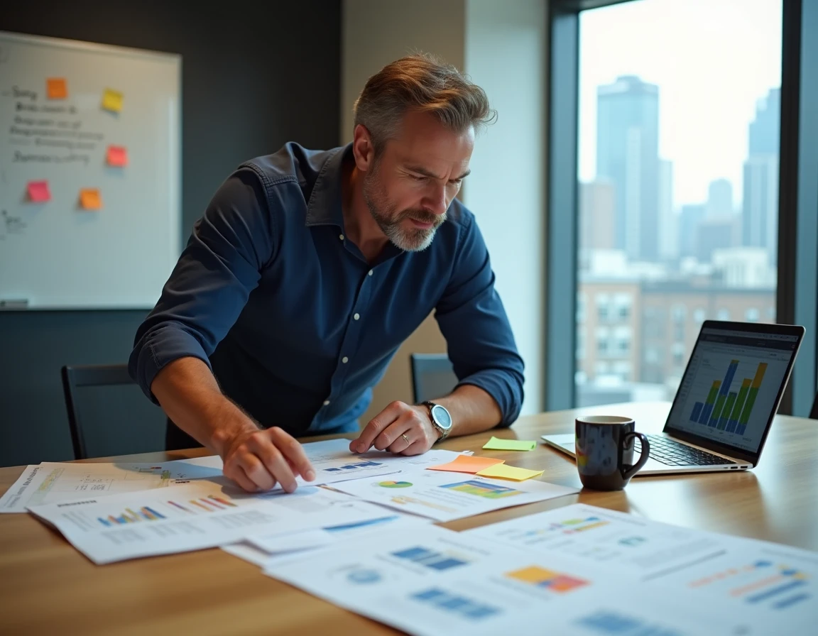 Homme présentant les résultats d'une enquête Excel avec des tableaux croisés dynamiques lors d'une réunion professionnelle