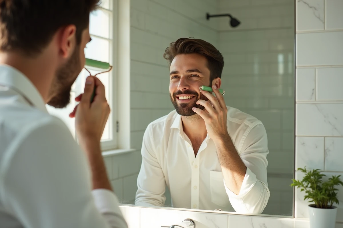 Homme utilisant un rouleau de jade devant miroir de salle de bain