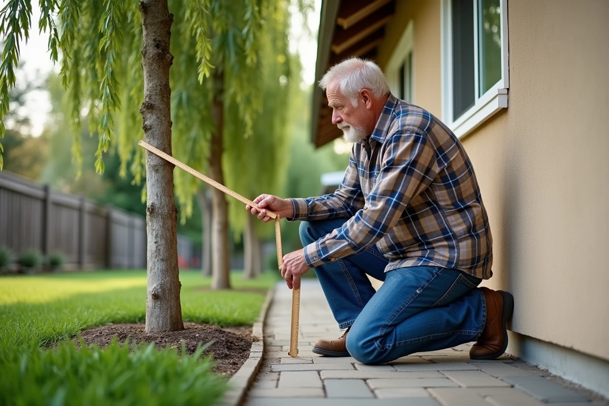 Homme vérifiant la distance du saule avec une règle pliable