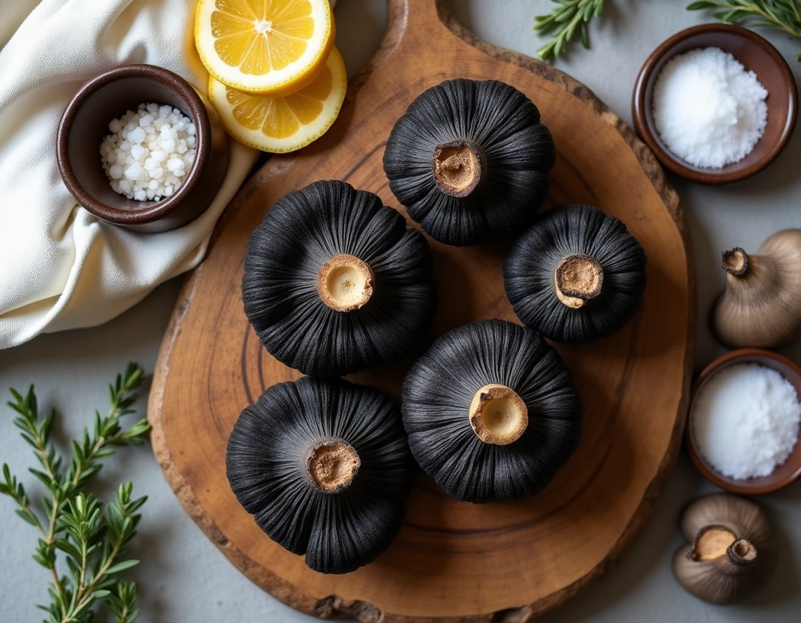 Trompettes de la mort fraîches avec citron et sel sur une planche en bois pour préparer une recette sans amertume