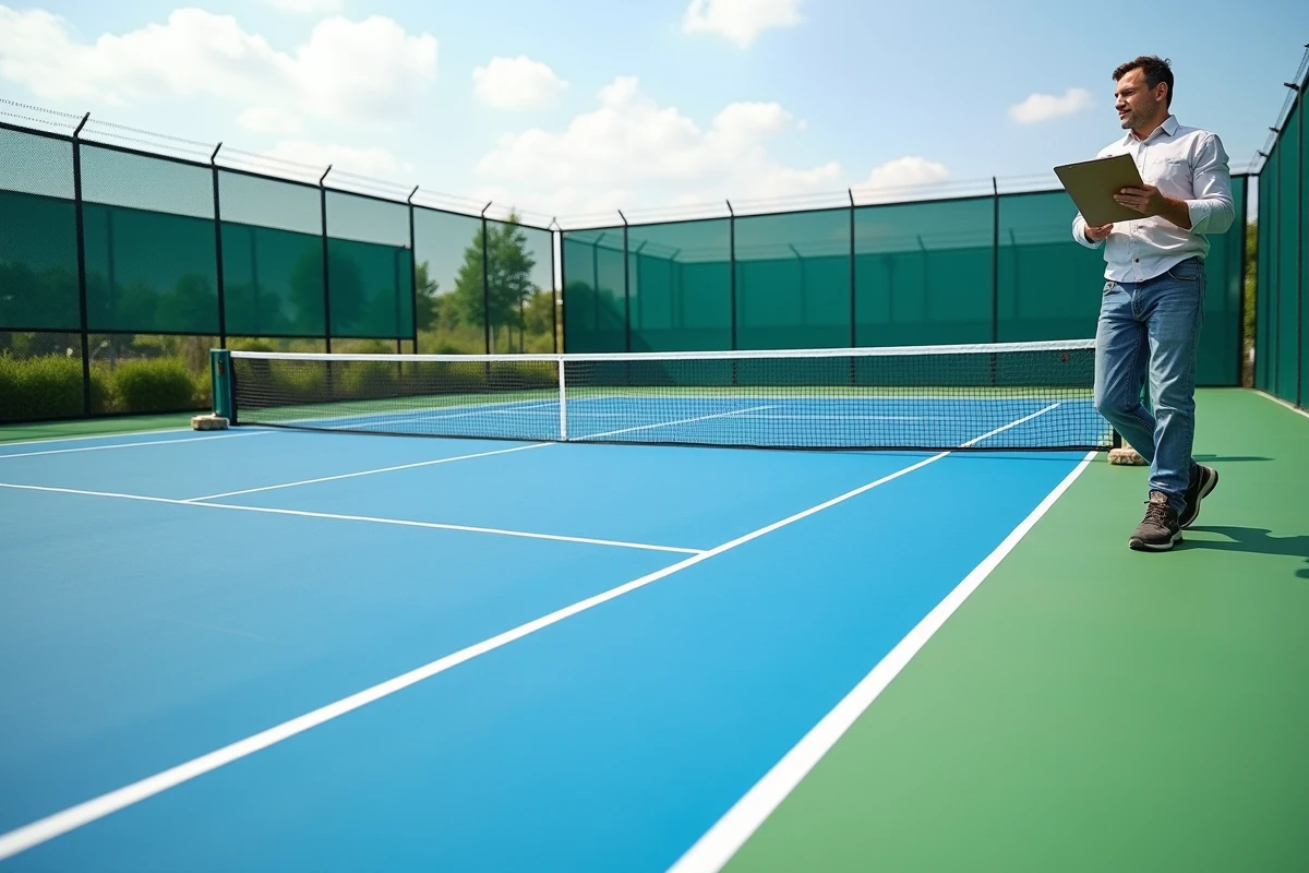 Technicien effectuant l'inspection finale d'un terrain de tennis en surface acrylique dur nouvellement construit