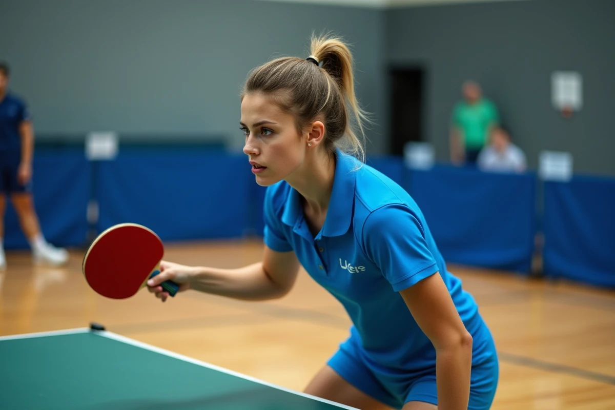 Jeune joueuse de tennis de table concentrée en préparation de service