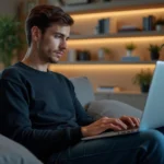 Jeune homme regardant son ordinateur portable en streaming