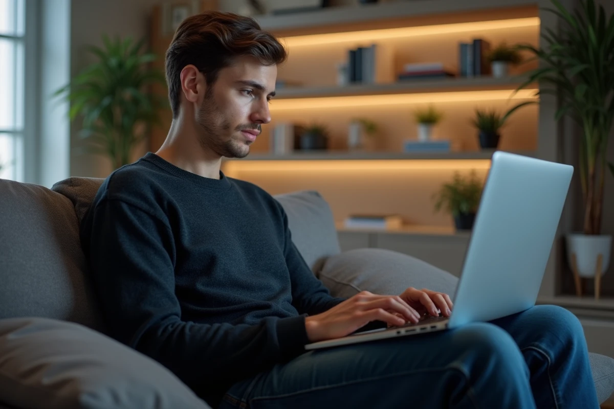Jeune homme regardant son ordinateur portable en streaming