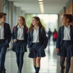 Groupe d'ados en uniforme dans un couloir scolaire moderne