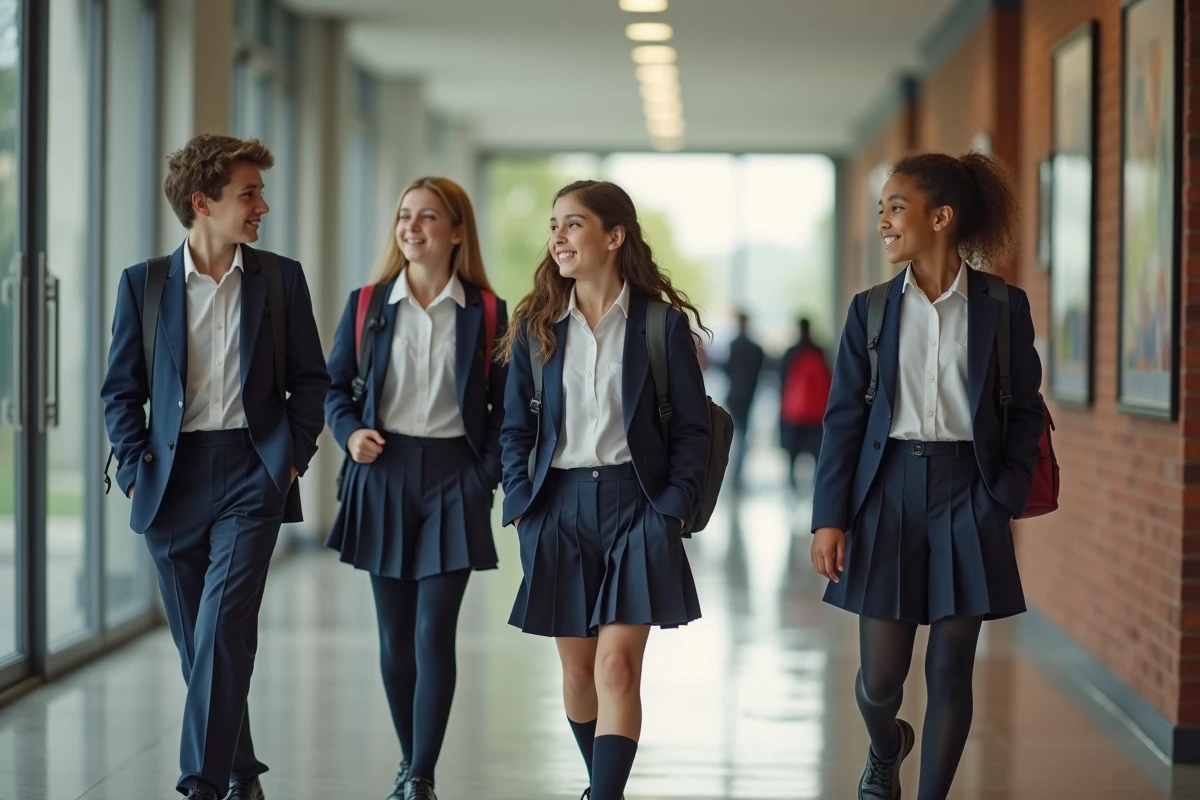 Groupe d'ados en uniforme dans un couloir scolaire moderne