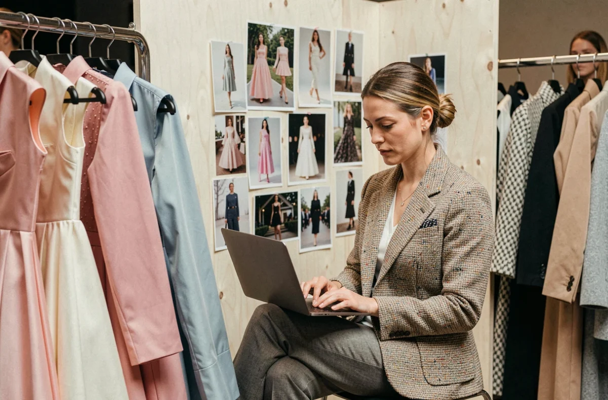 Journaliste de mode prenant des notes backstage lors d'une semaine de défilés Chanel