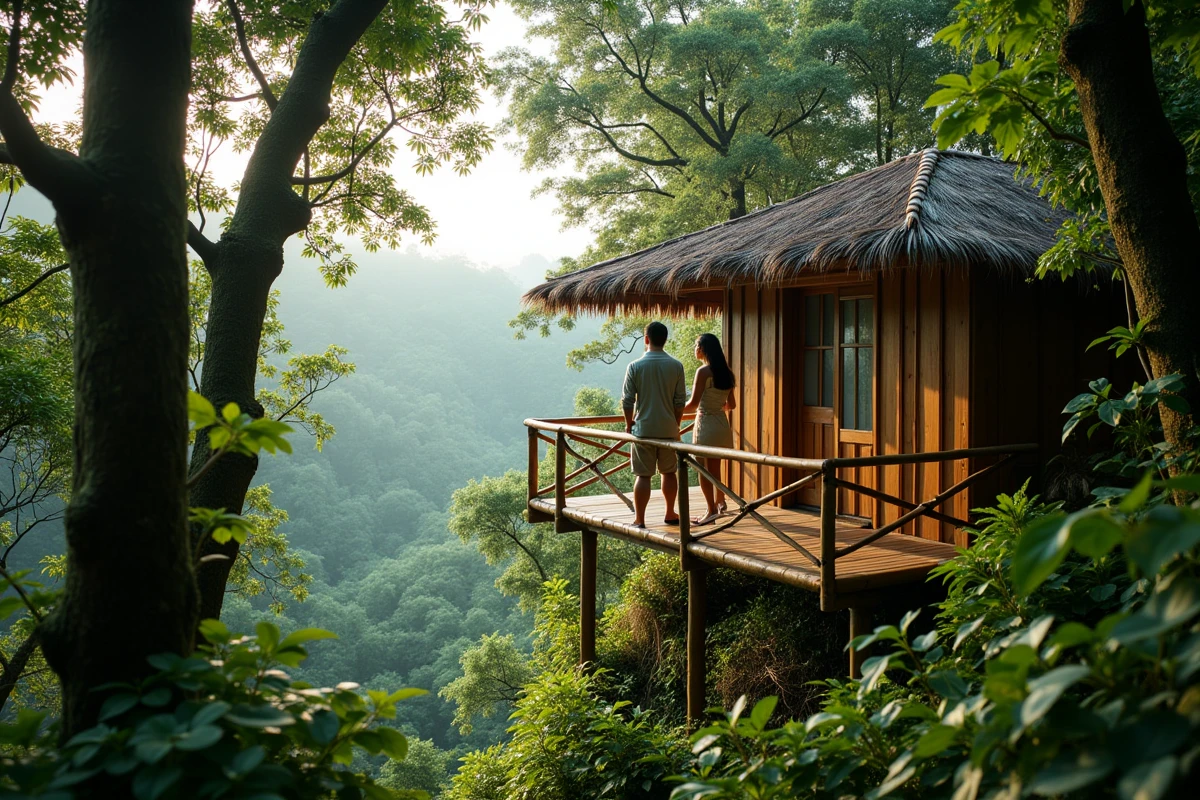 Couple sur la terrasse d'un lodge écologique en forêt tropicale en Asie du Sud-Est, séjour nature et dépaysement