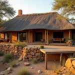 Lodge safari en Afrique avec toit de chaume et vue sur la savane, illustrant la définition d'un lodge en tourisme