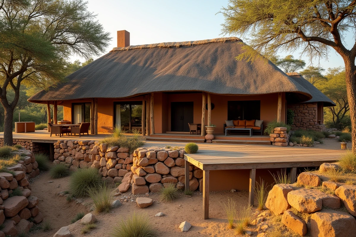 Lodge safari en Afrique avec toit de chaume et vue sur la savane, illustrant la définition d'un lodge en tourisme