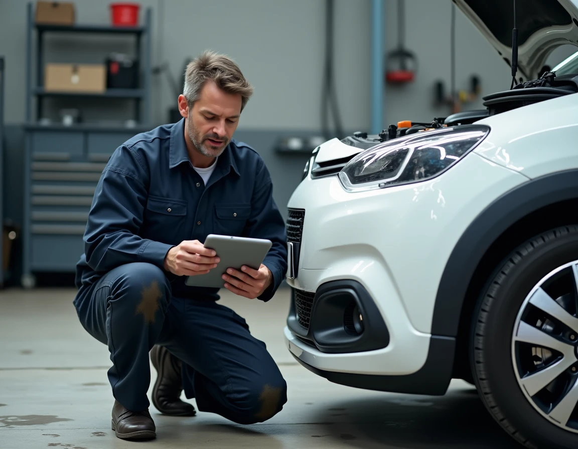 Mécanicien diagnostiquant une Citroën C3 avec une tablette de diagnostic en atelier
