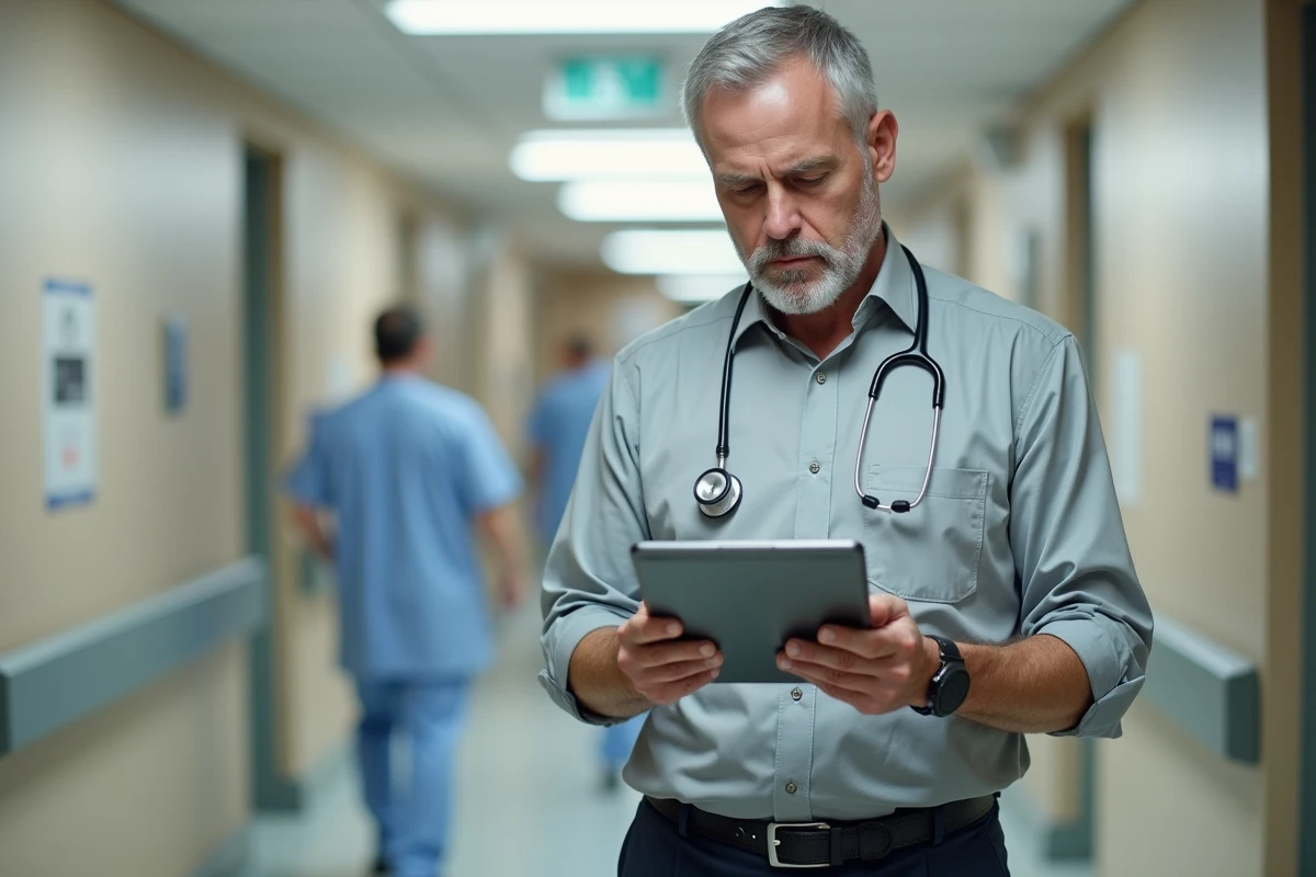 Médecin généraliste consultant une ressource santé en ligne sur sa tablette dans un couloir d'hôpital