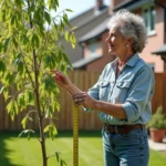 Femme mesurant un jeune saule avec un ruban à mesurer