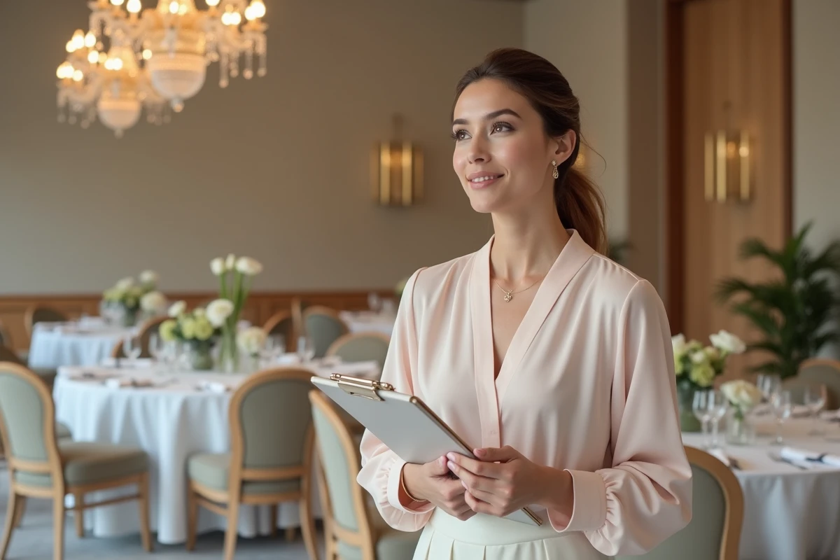 Organisatrice de mariage coordonnant la réception élégante en intérieur