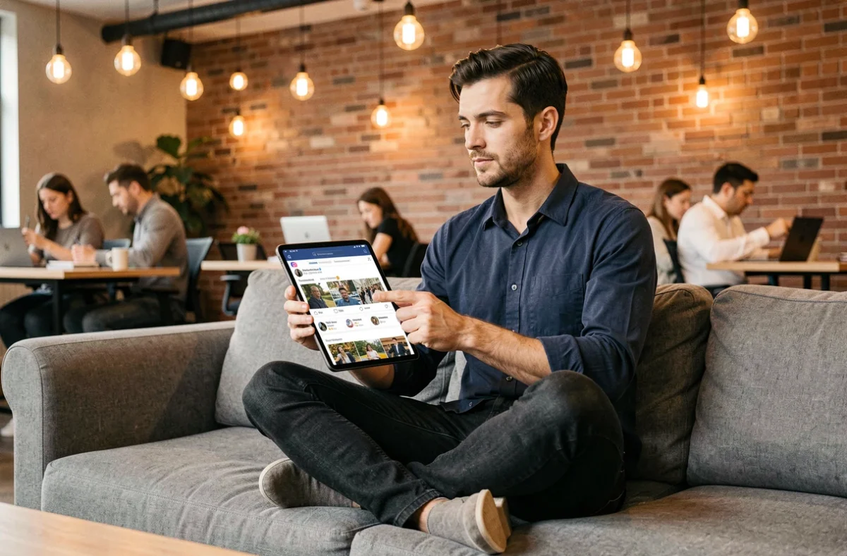 Homme consultant un calendrier de programmation de contenu sur tablette dans un espace de coworking moderne