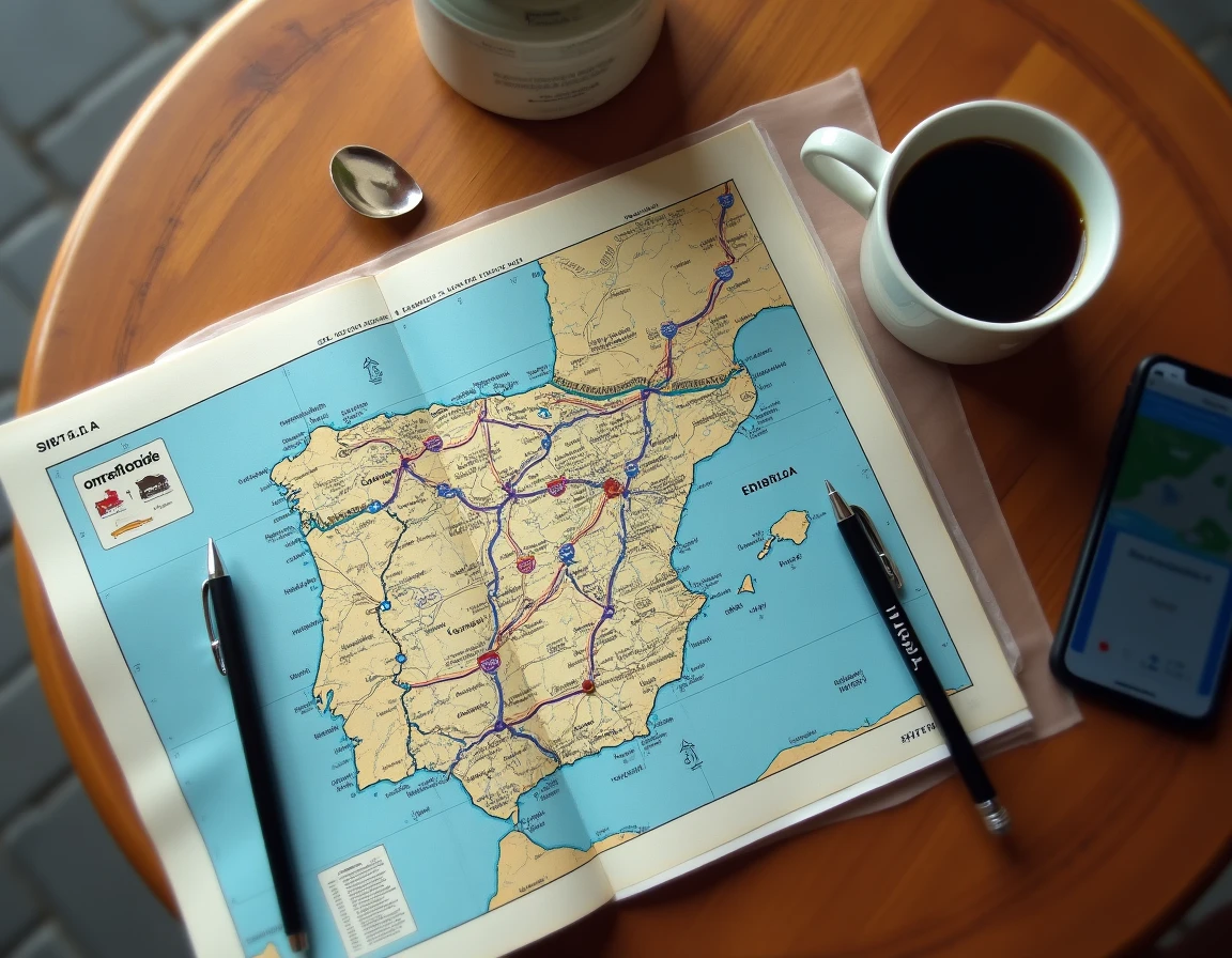 Vue du dessus d'une table avec carte routière de l'Espagne, café et application GPS pour planifier un trajet sur autoroute gratuite