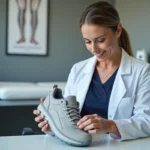 Podologue examinant une chaussure Skechers lors d'une consultation médicale dans un cabinet moderne