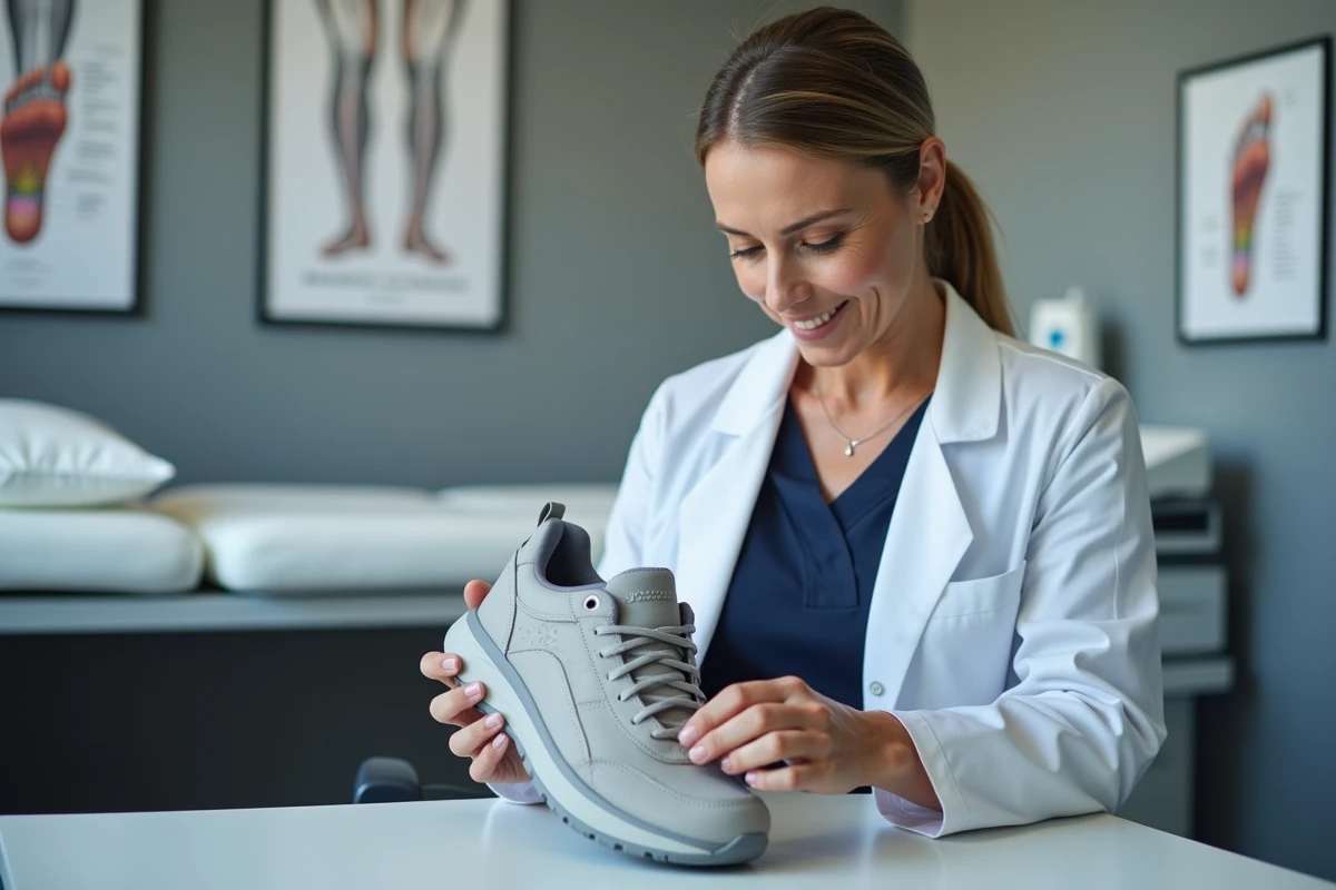 Podologue examinant une chaussure Skechers lors d'une consultation médicale dans un cabinet moderne