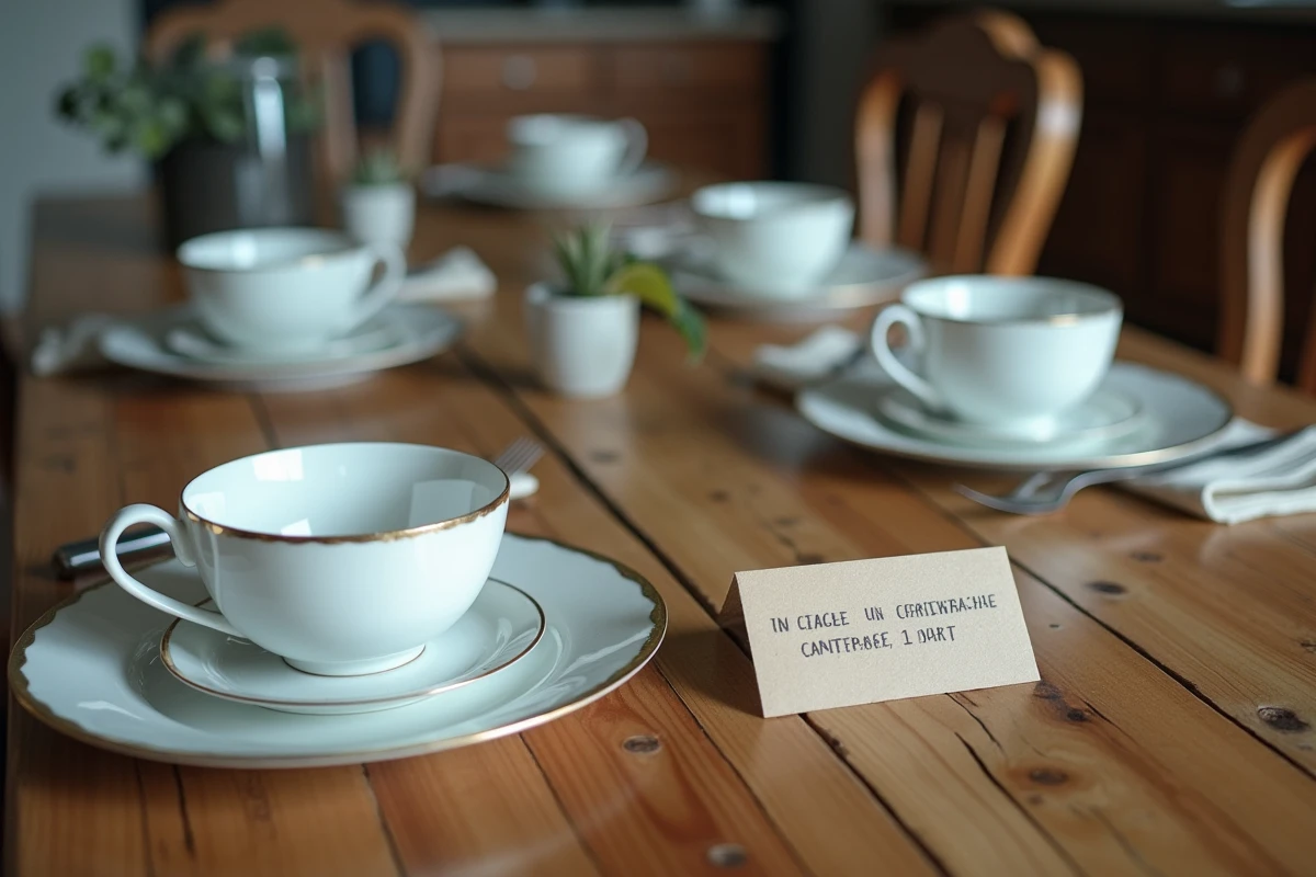 Service de vaisselle en porcelaine abîmée posé sur une table en bois avec des notes de conseils d'entretien