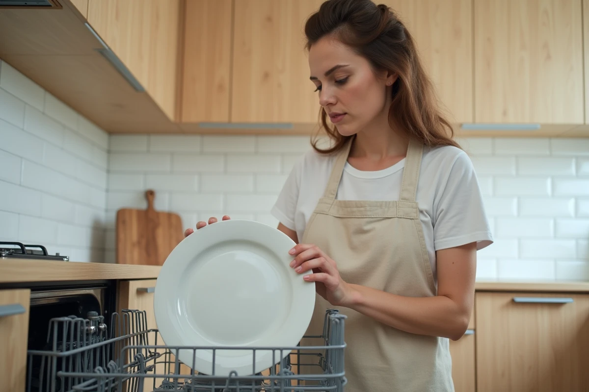 Femme plaçant une assiette en porcelaine blanche dans un lave-vaisselle ouvert dans une cuisine moderne