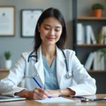Professionnelle de santé consultant un site médical sur son ordinateur portable dans son cabinet