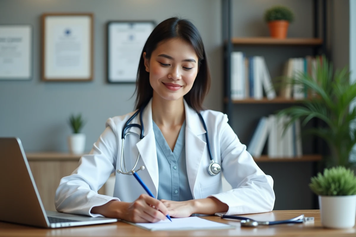 Professionnelle de santé consultant un site médical sur son ordinateur portable dans son cabinet