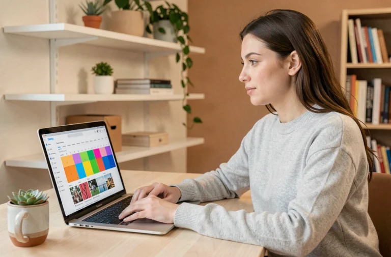 Femme travaillant sur un outil de planification de publications sur les réseaux sociaux depuis son bureau à domicile